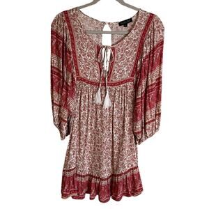 Rachel Zoe Boho Mini Dress Tunic Sz L Boho Tie Neck Tassels Peasant Festival